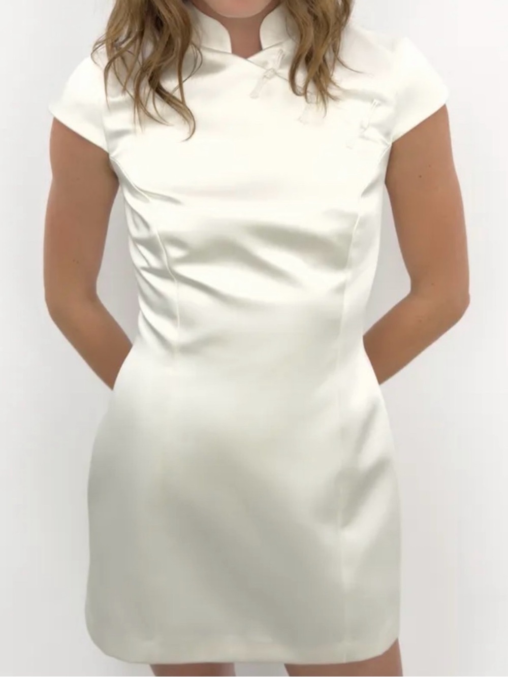 Zara Cream Satin Cap-Sleeve Mini Dress with Mandarin Collar